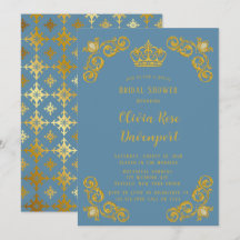 Dusty Blue & Gold Royal Crown Damask Fête des mari