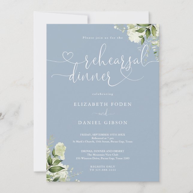 Invitation Dusty Blue Greenery Coeur Script de répétition Dîn (Devant)