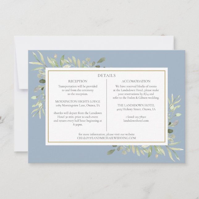 Invitation Dusty Blue Greenery Détails du Mariage Information (Devant)
