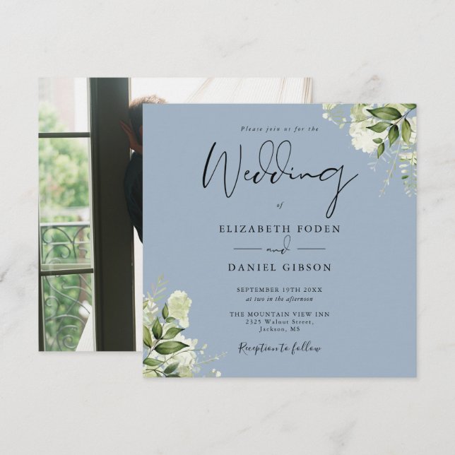 Invitation Dusty Blue Greenery Élégant Carré photo Mariage (Devant / Derrière)