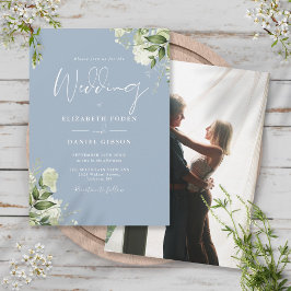 Invitation Dusty Blue Greenery Feuilles Élégant Mariage photo