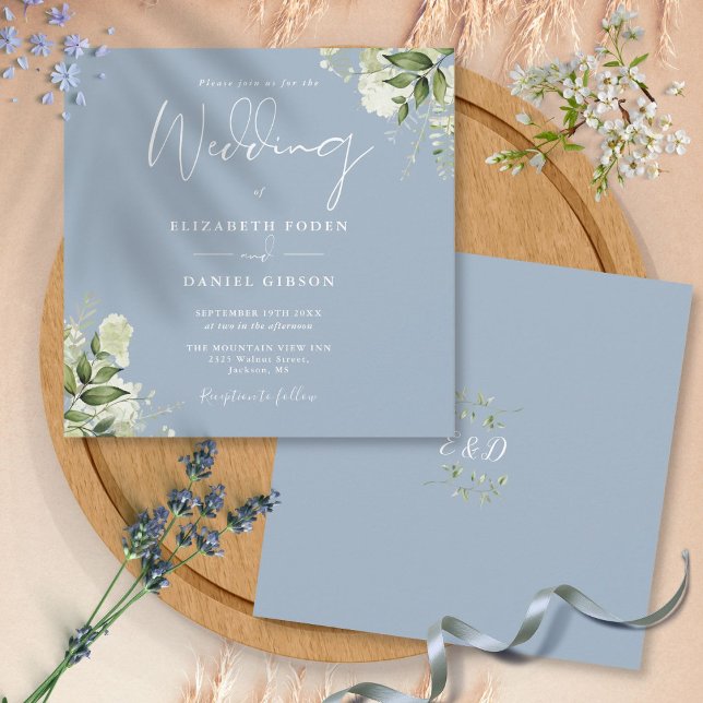 Invitation Dusty Blue Greenery Floral Monogramme Carré Mariag (Dusty Blue Greenery Floral Monogram Square Wedding Invitation)