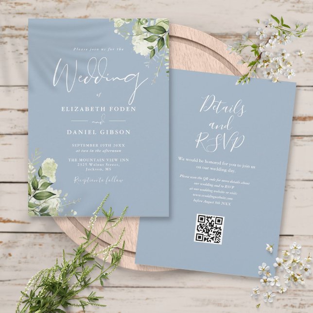 Invitation Dusty Blue Greenery Floral QR Code Mariage (Dusty Blue Greenery Floral QR Code Wedding Invitation)