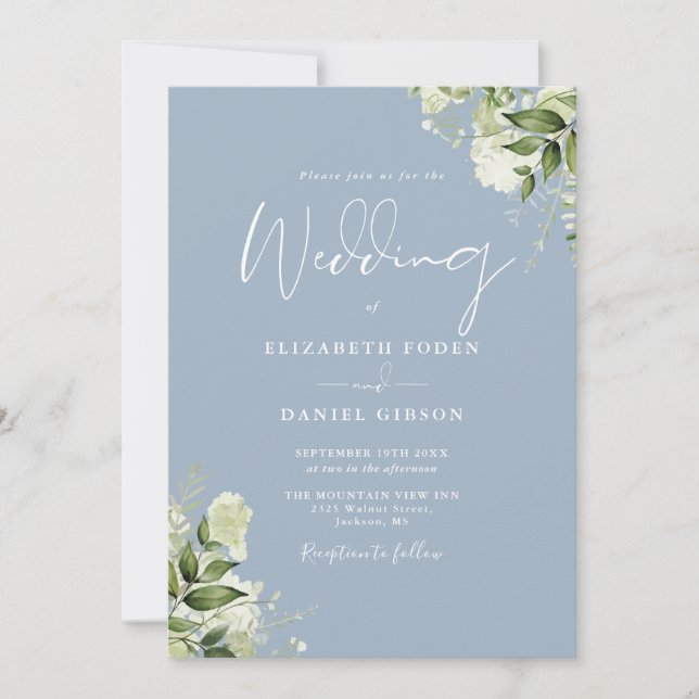 Invitation Dusty Blue Greenery Floral QR Code Mariage photo (Devant)