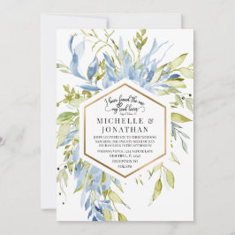 Invitation Dusty Blue Greenery Gold Frame Christian Mariage