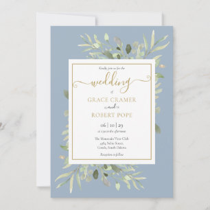 Invitation Dusty Blue Greenery Gold Mariage de script géométr