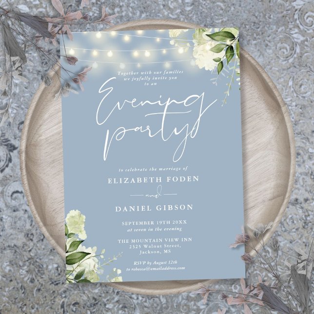Invitation Dusty Blue Greenery Lights Mariage Soirée (Dusty Blue Greenery Lights Wedding Evening Party Invitation)