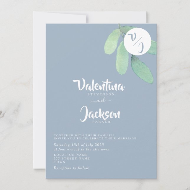Invitation Dusty Blue Greenery Monogram Mariage (Devant)