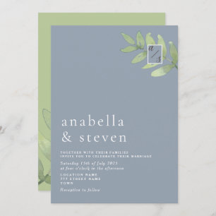 Invitation Dusty Blue Greenery Monogram Mariage