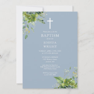 Invitation Dusty Blue Greenery Monogramme Baptême Christening