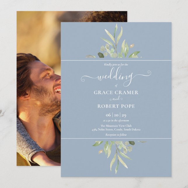 Invitation Dusty Blue Greenery Photo Gold Script Mariage (Devant / Derrière)
