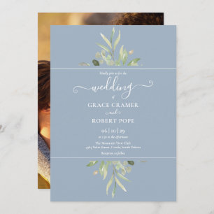 Invitation Dusty Blue Greenery Photo Gold Script Mariage