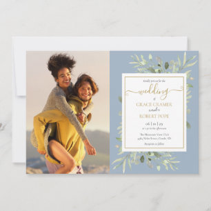 Invitation Dusty Blue Greenery Photo Gold Script Mariage