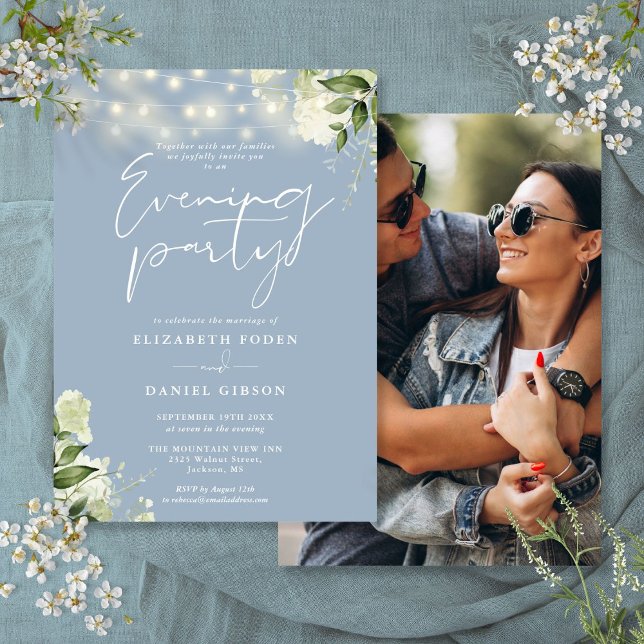 Invitation Dusty Blue Greenery Photo Mariage Soirée (Dusty Blue Greenery Photo Wedding Evening Party Invitation)