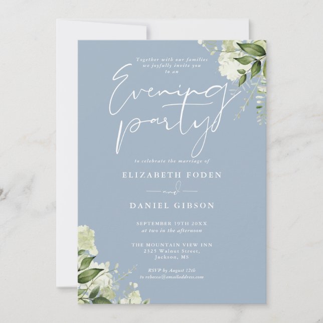Invitation Dusty Blue Greenery Photo Mariage Soirée (Devant)