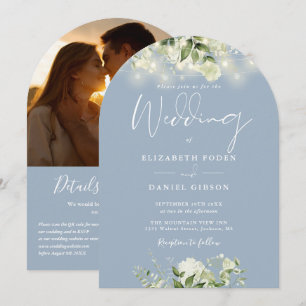 Invitation Dusty Blue Greenery QR Code Photo Arch Mariage