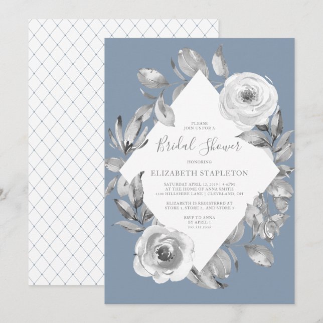 Invitation Dusty Blue Grey Floral Diamond Fête des mariées (Devant / Derrière)