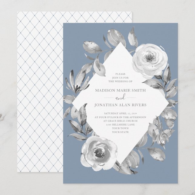 Invitation Dusty Blue Grey Floral Diamond Mariage (Devant / Derrière)