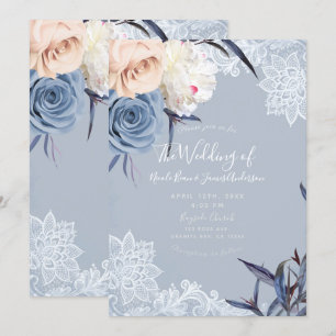 Invitation Dusty Blue Grey & Peach Floral Lace Mariage
