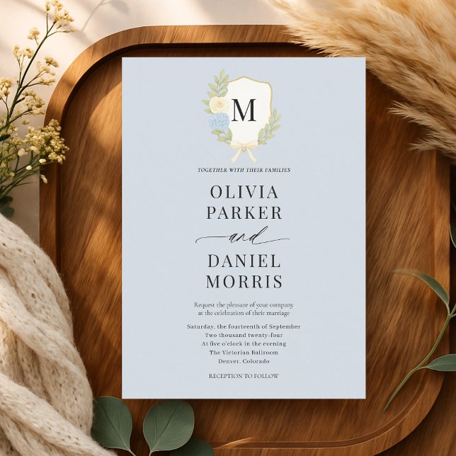 Invitation Dusty Blue Hydrangea Bow Crest Monogram Wedding (Créateur téléchargé)