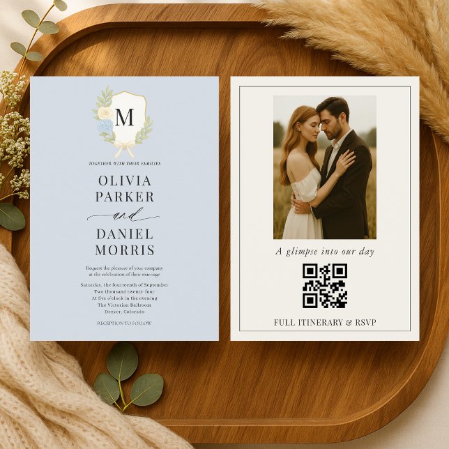 Invitation Dusty Blue Hydrangea Crest Monogram Photo Wedding (Créateur téléchargé)