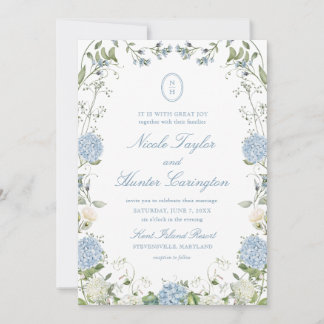 Invitation Dusty Blue Hydrangea Monogram Wedding Crest