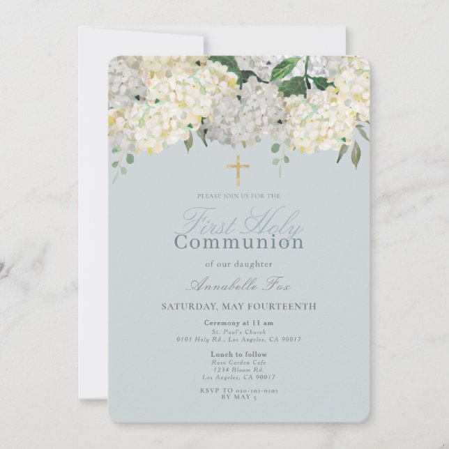 Invitation Dusty Blue Hydrangea Première Sainte Communion (Devant)