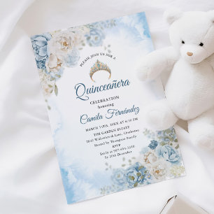Invitation Dusty Blue Ivory Fleurs Roses Quinceanera Annivers