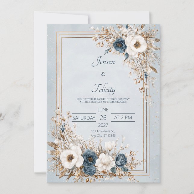 Invitation Dusty Blue & Ivory Floral Gold Frame Mariage (Devant)