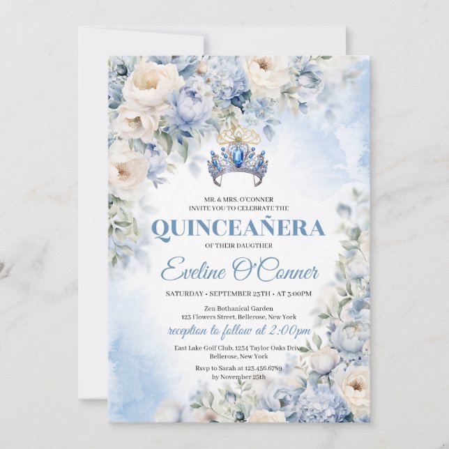 Invitation Dusty Blue & Ivory Flowers couronne bleue Quinceañ (Devant)