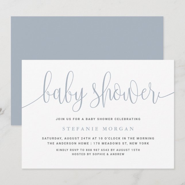 Invitation Dusty Blue Joli Baby shower de calligraphie (Devant / Derrière)