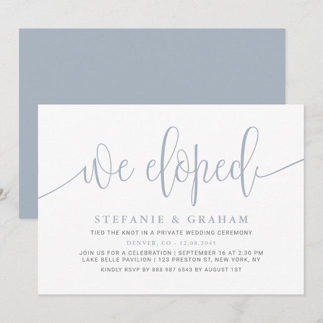 Invitation Dusty Blue Joli Mariage de calligraphie Elopement (Devant / Derrière)