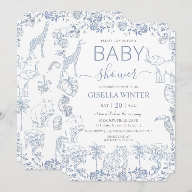 Invitation Dusty Blue Jungle Animaux Toile Baby shower (Devant / Derrière)