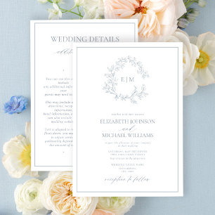 Invitation Dusty Blue Leafy Crest Monogramme Détails Mariage