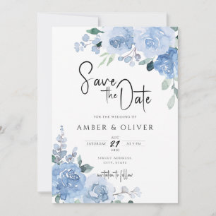 Invitation Dusty Blue Light Blue Floral Feuilles Enregistrer 