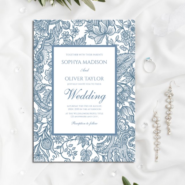 Invitation Dusty Blue Line Art Fleur sauvage Floral (Créateur téléchargé)