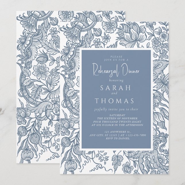 Invitation Dusty Blue Line Fleurs sauvages d'art (Devant / Derrière)