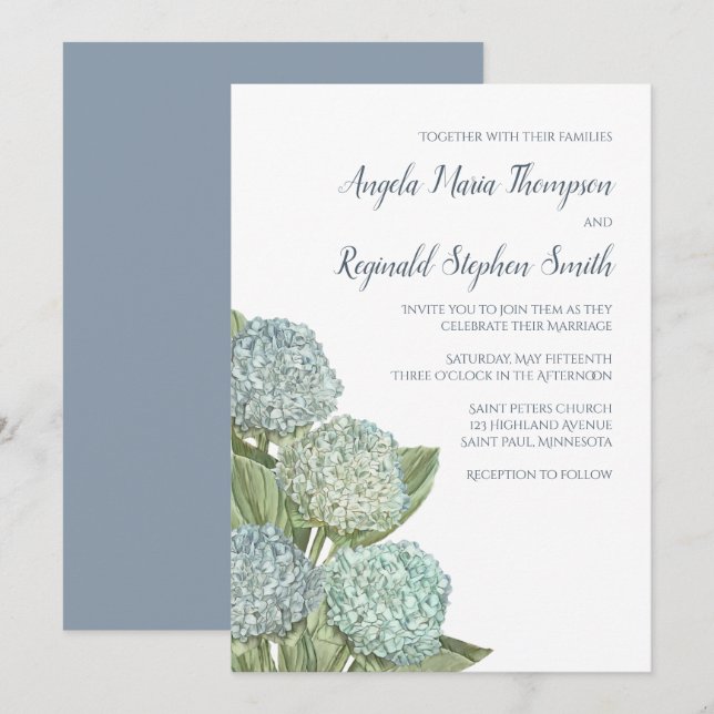 Invitation Dusty Blue Mariage Moderne Hydrangea Simple (Devant / Derrière)