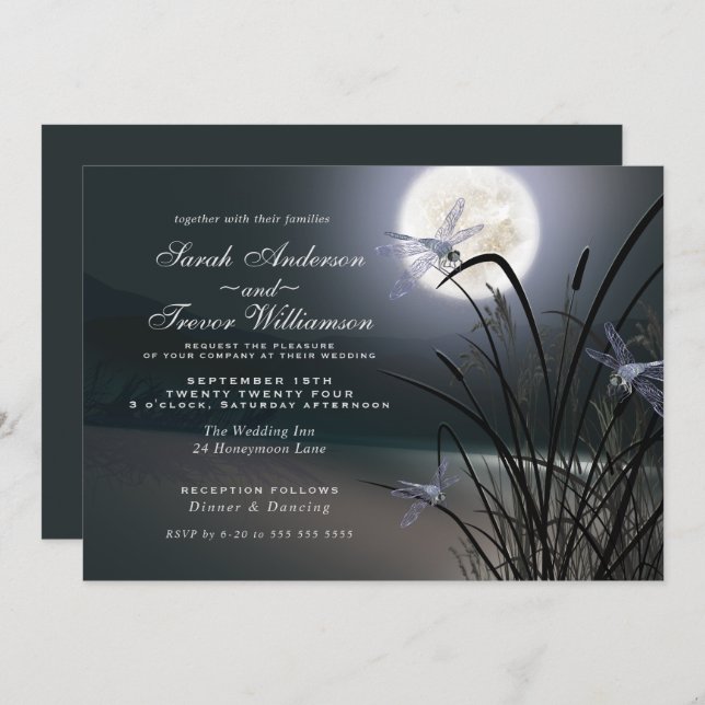 Invitation Dusty Blue Mariage Pleine lune dragonfly Pond (Devant / Derrière)