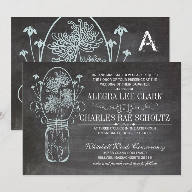 Invitation Dusty Blue Mason Jar Chalkboard Mariage (Devant / Derrière)