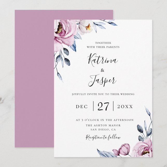 Invitation Dusty Blue Mauve Floral Mariage (Devant / Derrière)