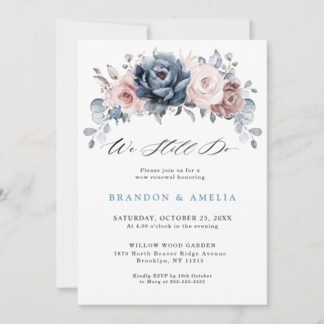 Invitation Dusty Blue Mauve Rose rose Flore d'ardoise Nous so (Devant)