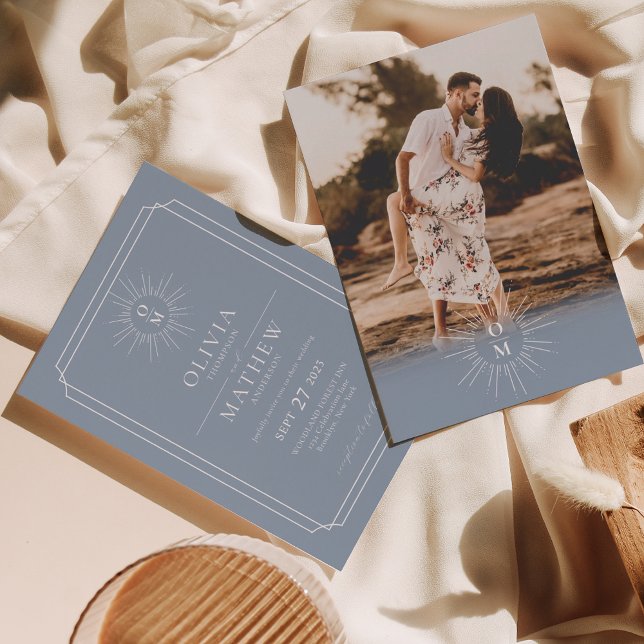 Invitation Dusty Blue Mid Century les années 70 Monogramme Ph (Créateur téléchargé)