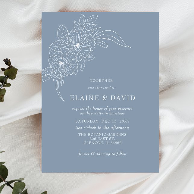 Invitation Dusty Blue Minimal Élégant Mariage floral croquis (Créateur téléchargé)