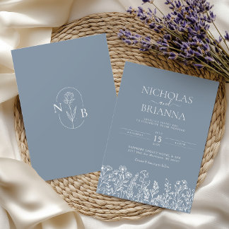 Invitation Dusty Blue Minimalist Fleur sauvage Mariage Monogr