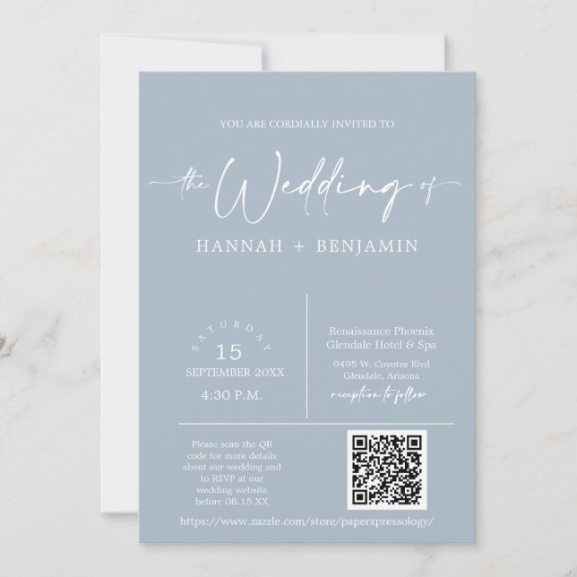Invitation Dusty Blue Minimalist Mariage Arch QR Code Photo (Devant)