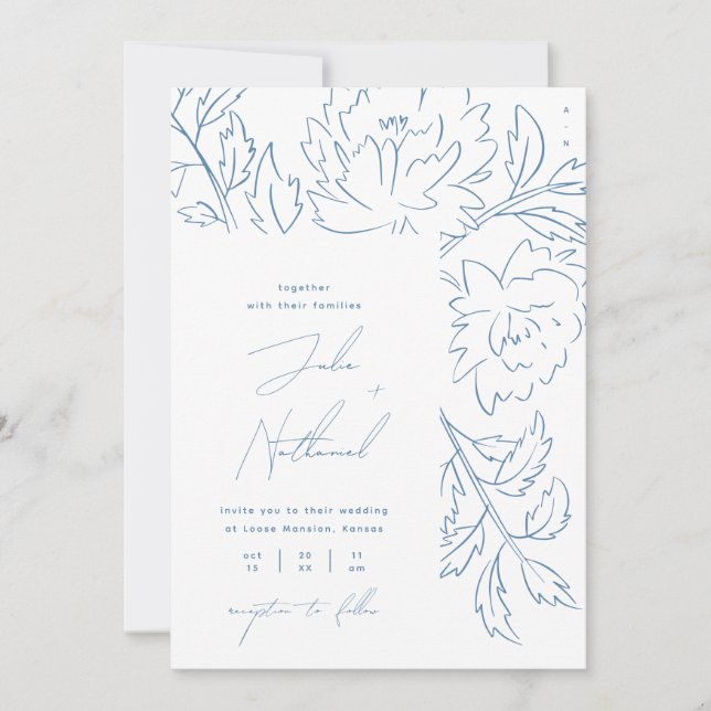 Invitation Dusty Blue Minimalist Mariage botanique (Devant)