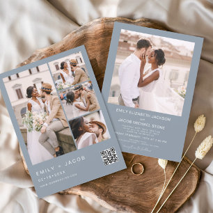 Invitation Dusty Blue Minimalist Photo QR code Mariage blanc
