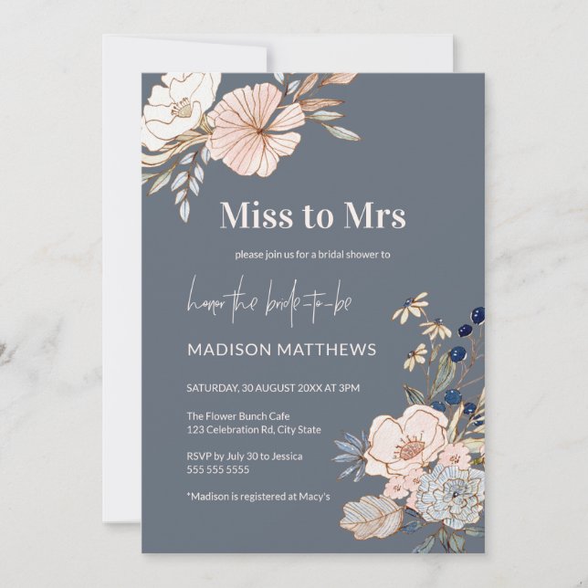 Invitation Dusty Blue Miss à Mme Pink Floral Fête des mariées (Devant)
