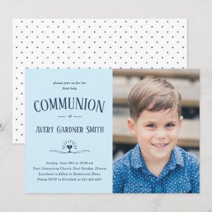 Invitation Dusty Blue Modern First Holy Communion Boy Photo 